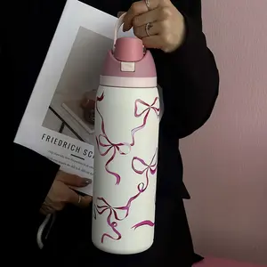 Butterfly Pattern Vacuum Flask, 1-Count Large-Capacity Insulated Water Bottle with Straw in 24, 32 or 40 oz, Drinking Cup and Insulated Travel Tumbler for Home, Office and School, Drinkware