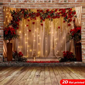 Red Rose Flower Tapestry Wall Hanging - 2D Flat Printed Polyester Romantic Floral Curtain with Fairy Lights, Photo Backdrop Gift for Wedding, Aesthetic Room Decor studio prop
