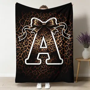 Custom Letter A To Z Leopard Print Bow Flannel Blanket, Pink Ribbon Alphabet Ultra Soft Cozy Throw, Warm For Snuggle Sessions Newborn Baby, Birthday Gift For Her Girlfriend Daughter, Coquette Keepsake Home Decor