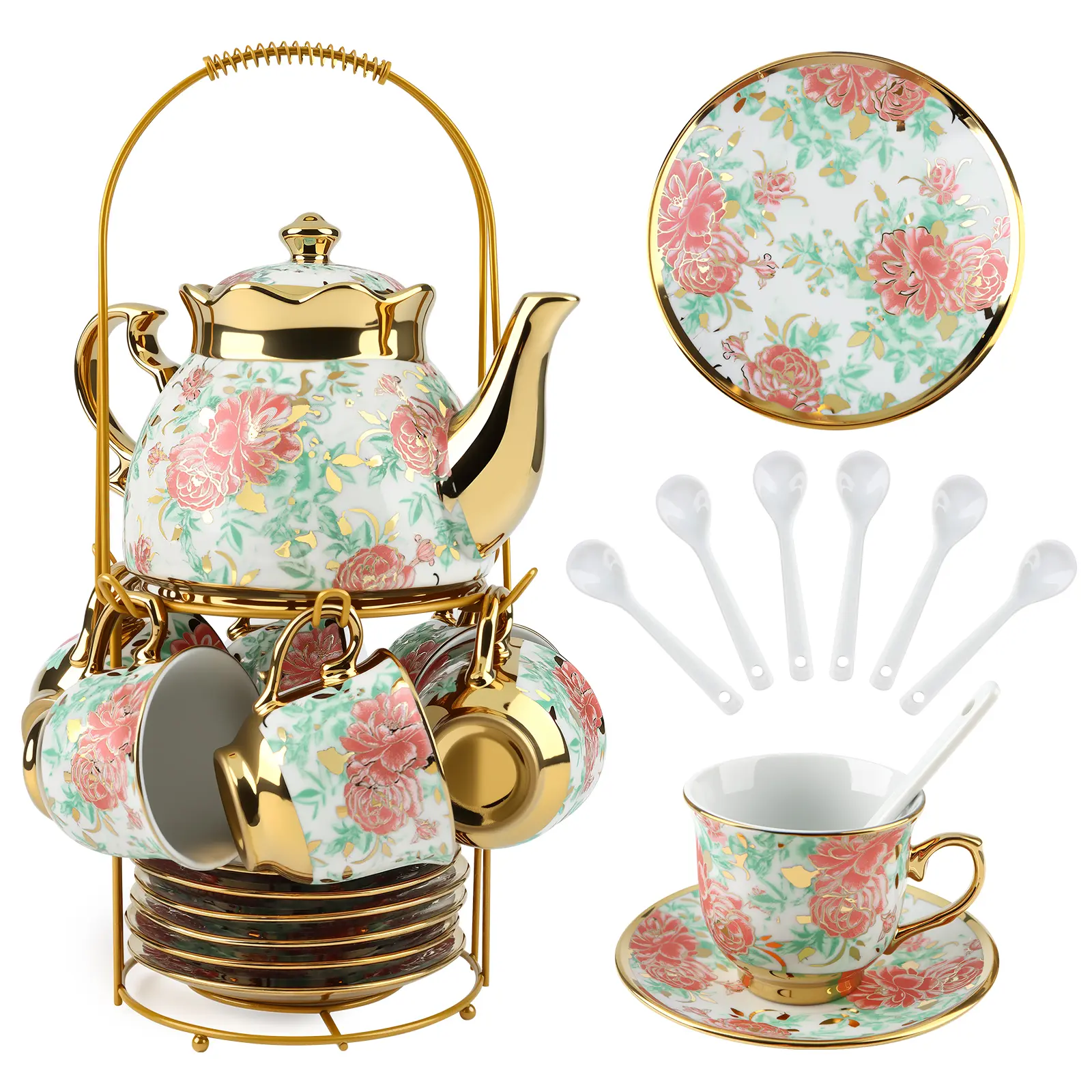 20-Piece Porcelain Tea Set with Gold Flower Painting, European Ceramic Tea Set for Adults, Vibrant Green, Includes 6 Cups, 6 Saucers, 6 Spoons, 1 Teapot, and 1 Gold Sprayed Stand