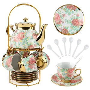 20-Piece Porcelain Tea Set with Gold Flower Painting, European Ceramic Tea Set for Adults, Vibrant Green, Includes 6 Cups, 6 Saucers, 6 Spoons, 1 Teapot, and 1 Gold Sprayed Stand