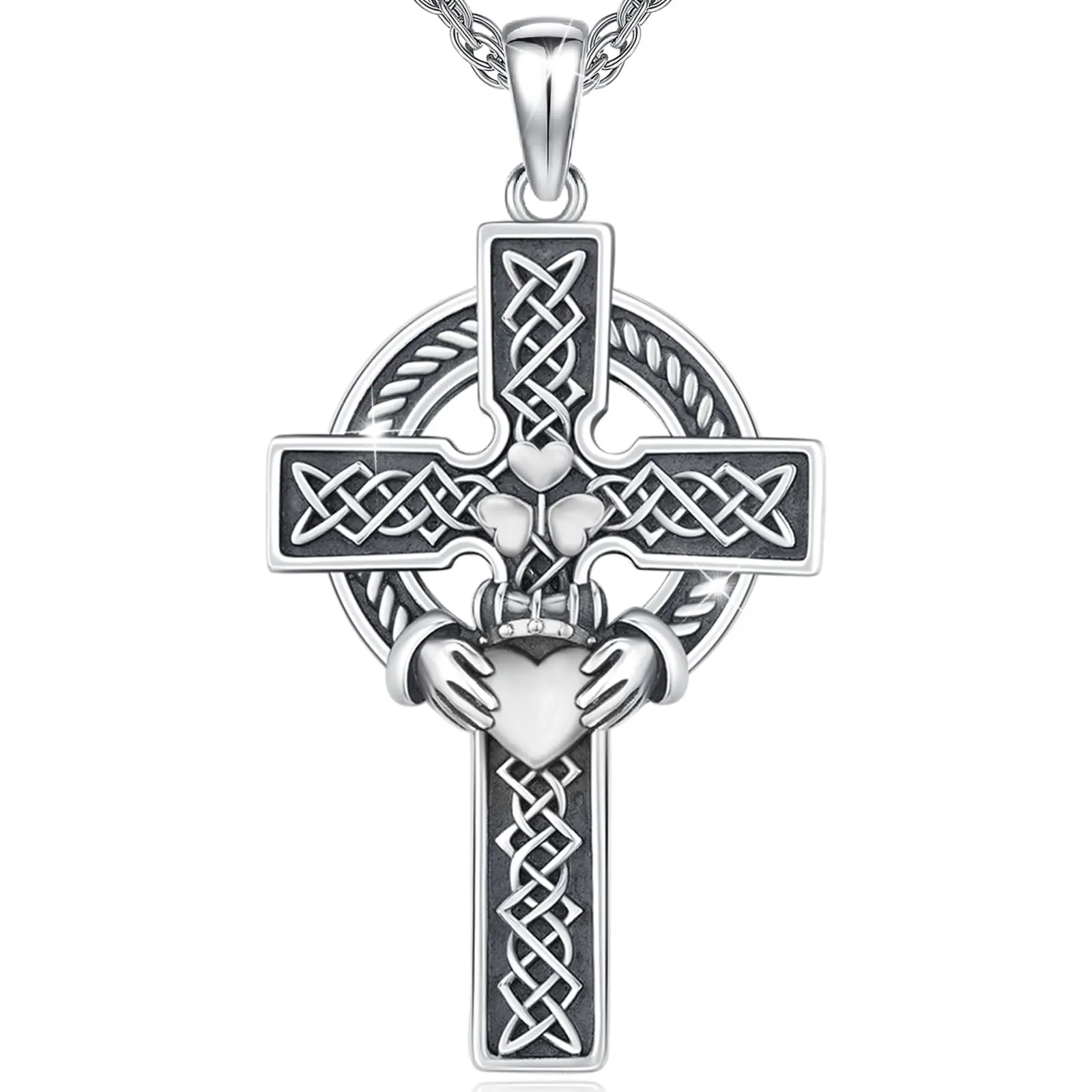 DRINSPER Unisex S925 Sterling Silver Retro Celtic Knot Claddagh Cross Design Pendant Necklace, Casual Amulet Jewelry, Hypoallergenic with Adjustable Chain, Religious Pendant, Daily Wear, Spiritual Pendant