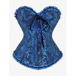 Tight corset with full bust, classic tight corset style, strapless sweet fit with bone in jumpsuit, ruffled border waistband, backless rolled edge control top, suitable for makeup, Halloween fabric women's clothing