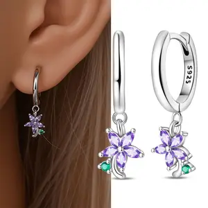Women Sterling Silver 925 Drop Dangle Flower Flora Hoop Huggie Earrings