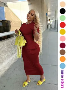 European and American crew neck short sleeve pit strip knitted dress slim waist and hip midi skirt with pockets Daily casual versatile stretch solid color base skirt