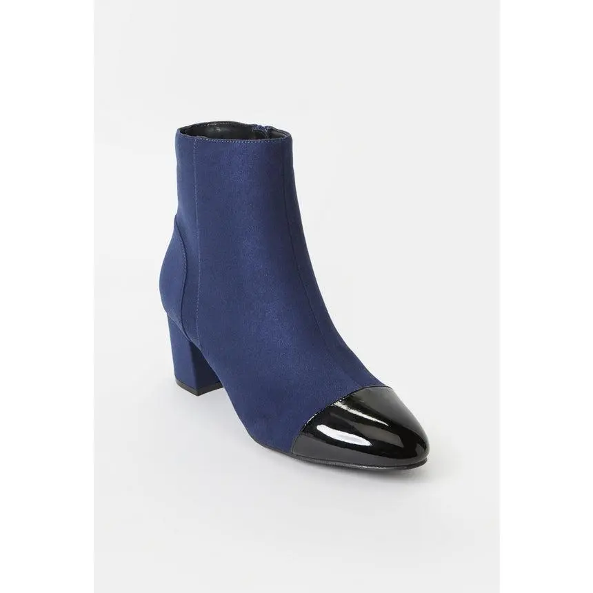 Women's Sleek Navy Ankle Booties - Shoe & Footwear with Side Zipper, Patent Cap Toe, Comfortable Block Heel for Work