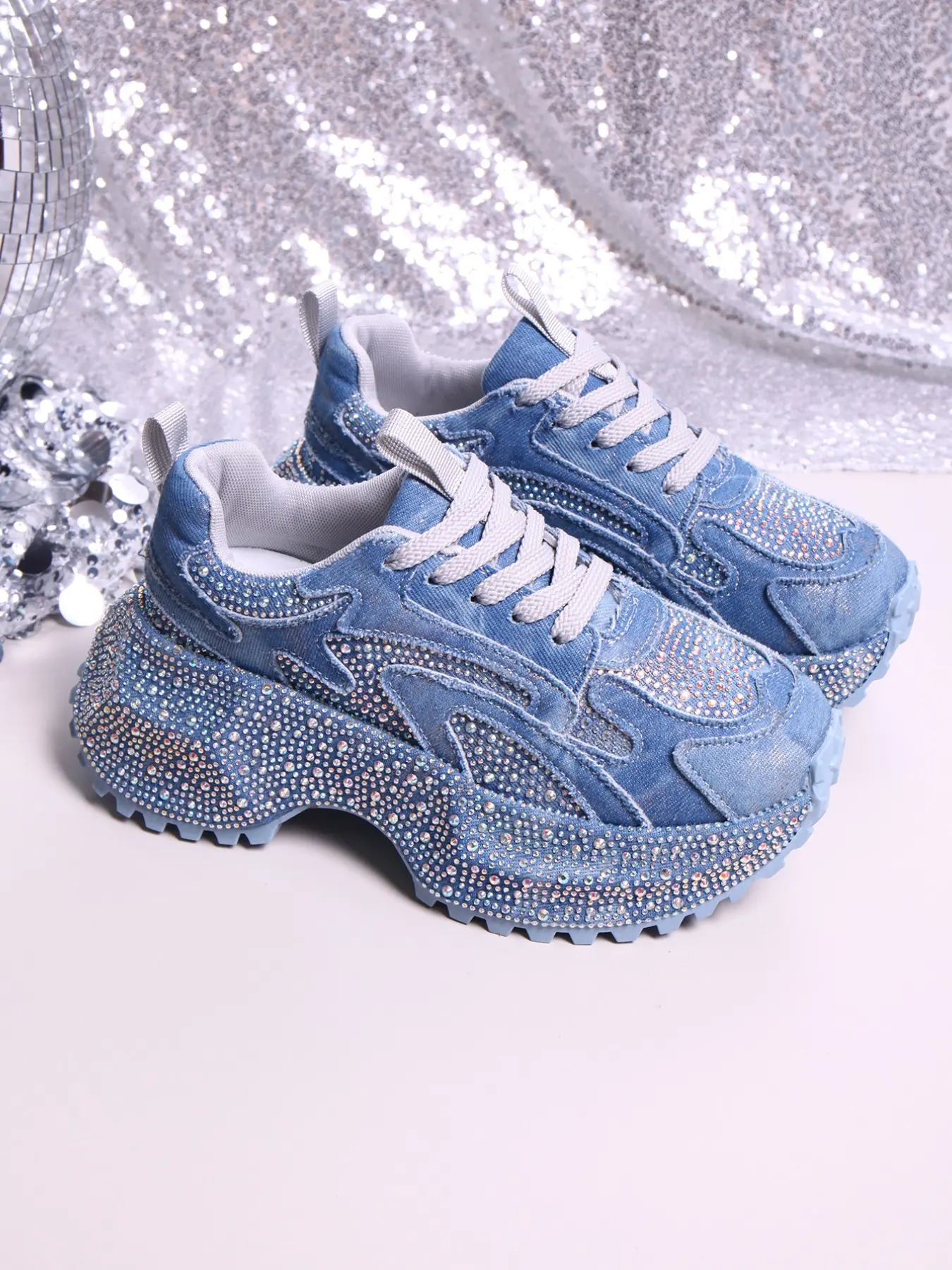 New European Style Rhinestone Jeans Dad Shoes, Thick Sole Platform Shoes, Sparkly Water Drills, Comfortable Casual Women's Shoes