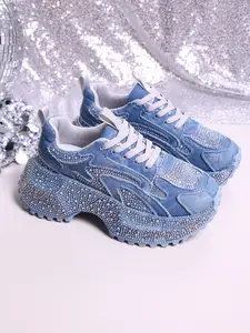 Spring Summer New European Style Rhinestone Denim Dad Shoes, Thick Sole Platform Sneakers, Trainer, Shiny Crystal Casual Comfortable Women's Shoes