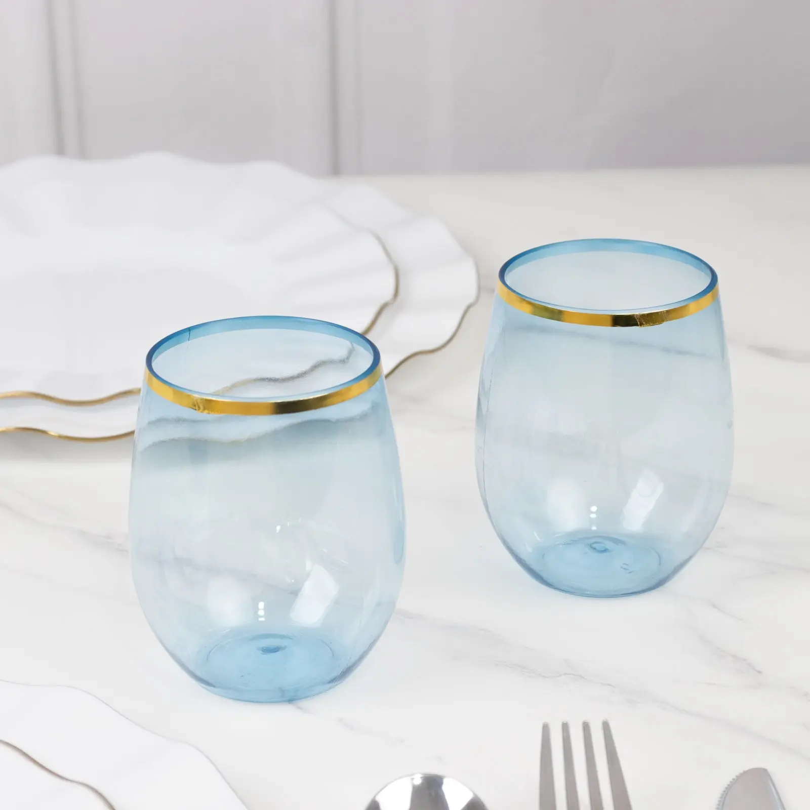 12-Pack 12oz Cylindrical Plastic Wine Tumblers - Transparent Dusty Blue with Gold Rim, Reusable Kitchenware Drinkware for Adults, Party, Dining, Cocktail Wine Cup, Not Sure
