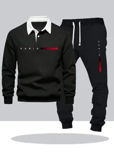 Men's Paris Print Polo Sport Set, Includes Polo Shirt & Drawstring Joggers, Urban Casual Wear, Daily, City Travel Fashion