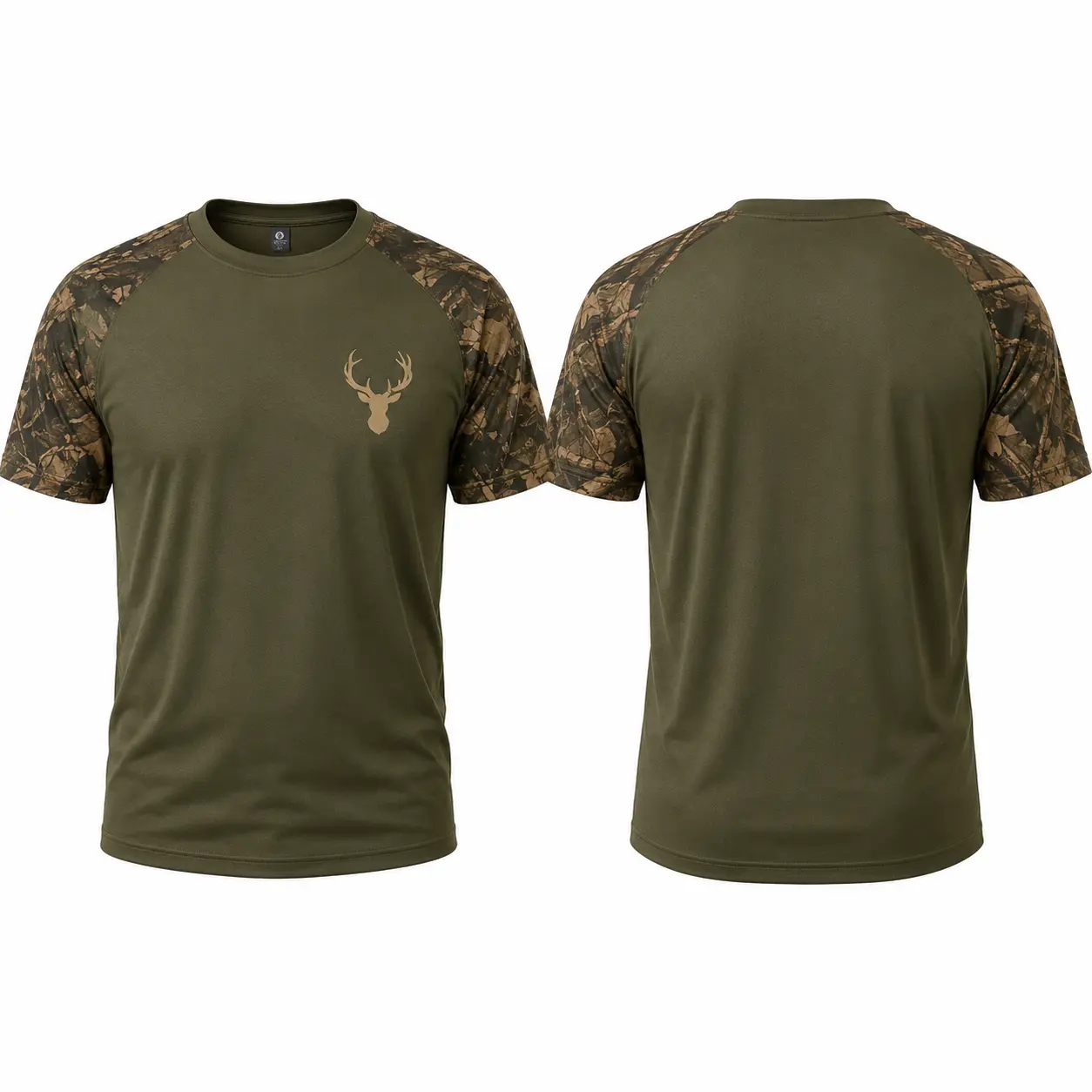 Men's Olive Camo Sleeve Hunting T-Shirt – Outdoor Tactical Performance Graphic Tee for Hiking, Camping & Fishing