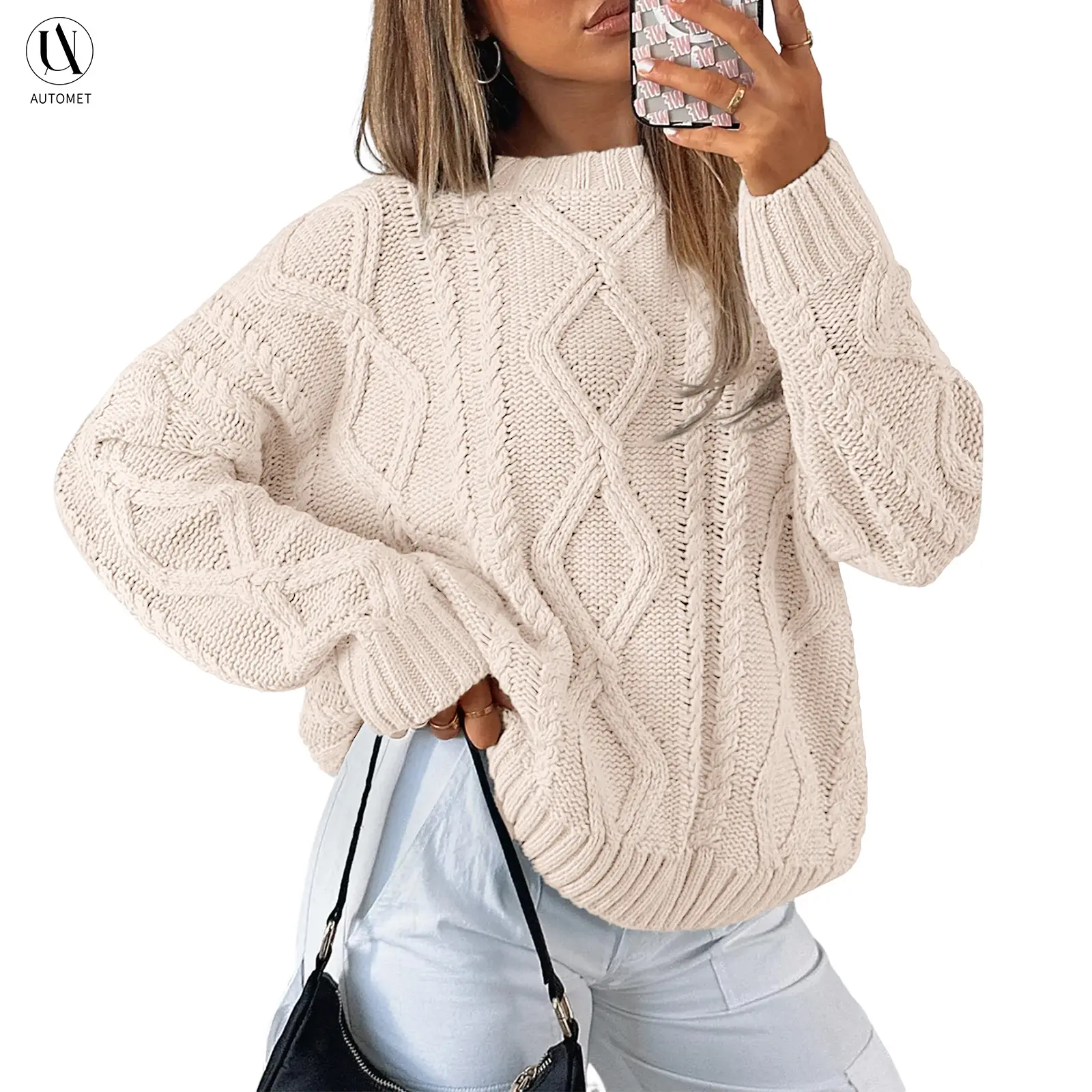 AUTOMET Women's Oversized Cable Knit Sweater, Chic Long Sleeve Casual Pullover Top, Soft Knitwear for Spring, Tops, Sweaters