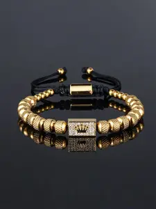 Men's Fashion Royal Gold Crown Pendant Bracelet, Adjustable Beads, Thanksgiving Christmas Father's Day Jewelry Gift