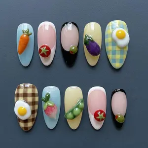 3D Vegetable Garden Press On Nails | Egg, Carrot, Tomato, Gingham Picnic Style