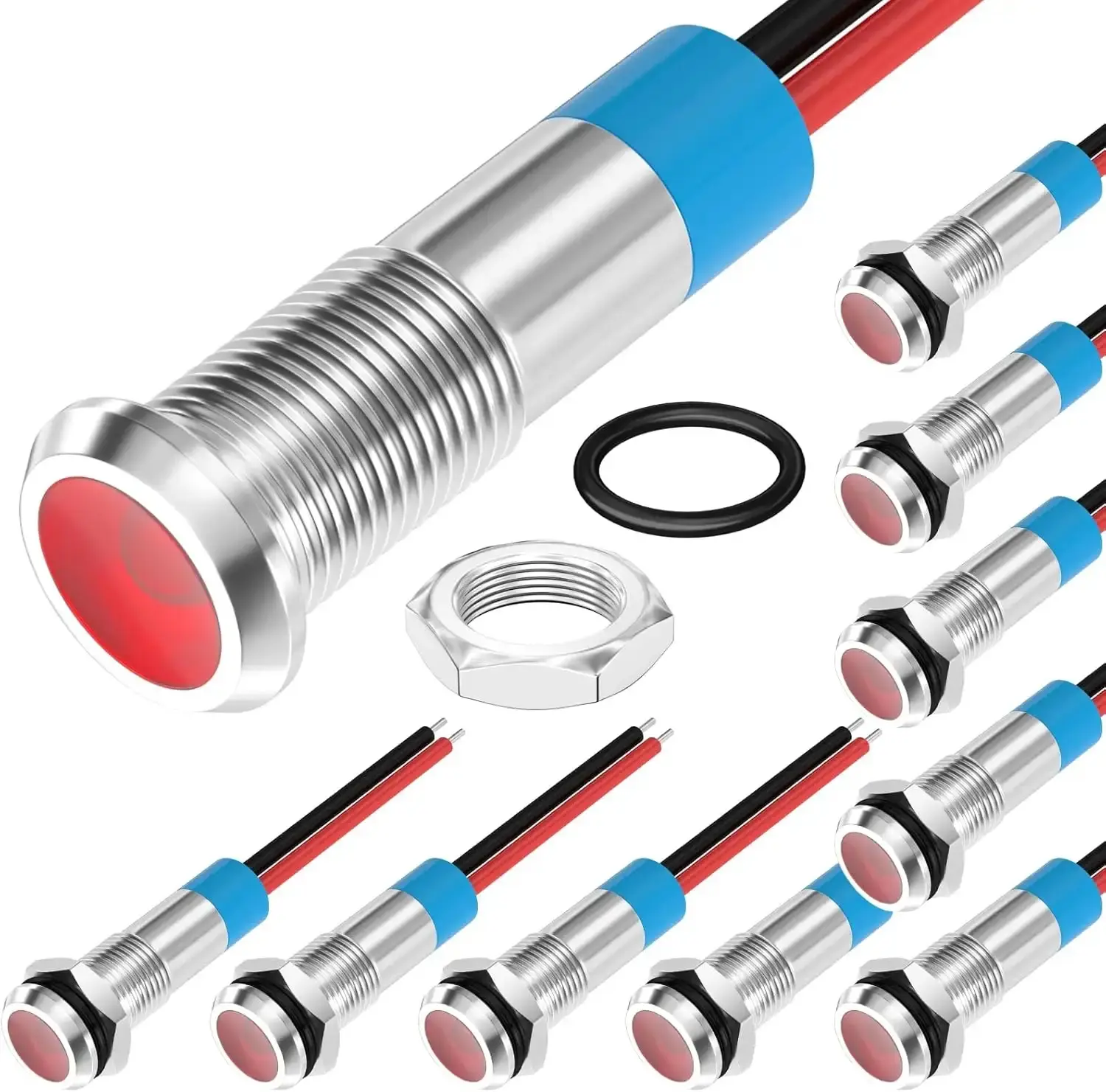 DaierTek LED Indicator Light 12V Red LED 6MM Metal Waterproof 12 Volt Indicator Light 1/4" Flat Head Pilot Light Panel Mount with Wire for Automotive Car -10Pcs
