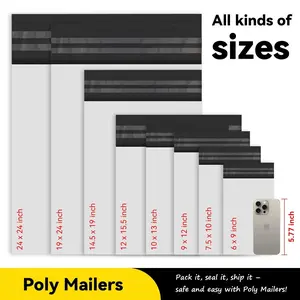 100 Pcs Poly Mailers Shipping Bag 6x9 7.5x10.5 9x12 10x13 7.5x10.5 12x15.5 14.5x19 19x24 24x24  White Courier Envelope Mailing Bag Self Adhesive Seal Plastic Packaging Secure Seal