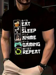 Menswear Short-Sleeve T-Shirt - Polyester Blend, Soft Breathable Fabric, Unique 3D Digital "Eat, Sleep, Anime, Game, Repeat" All-Over Durable Print, Unisex Fit, Streetwear Top, Ideal for Casual T-Shirts