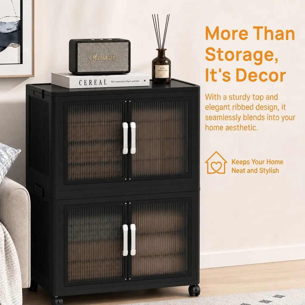 3-Tier Collapsible Plastic Storage Organizer With Wheels & Lids, Stackable Storage Boxes For Dorm Living Room