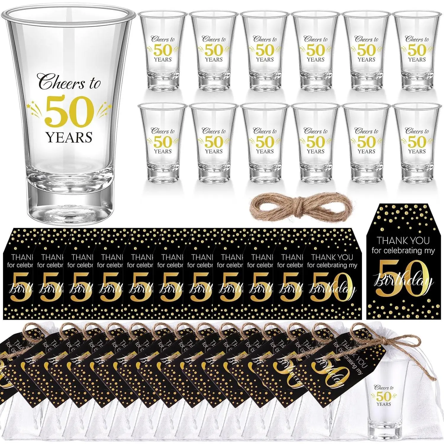 50 Sets Black  Birthday Party Favors for Guests Souvenir Multicolor 50   Bulk  Clear 1.2oz Shot Glasses with Thank You Cards and  Bags, 40/50/60/70th Birthday