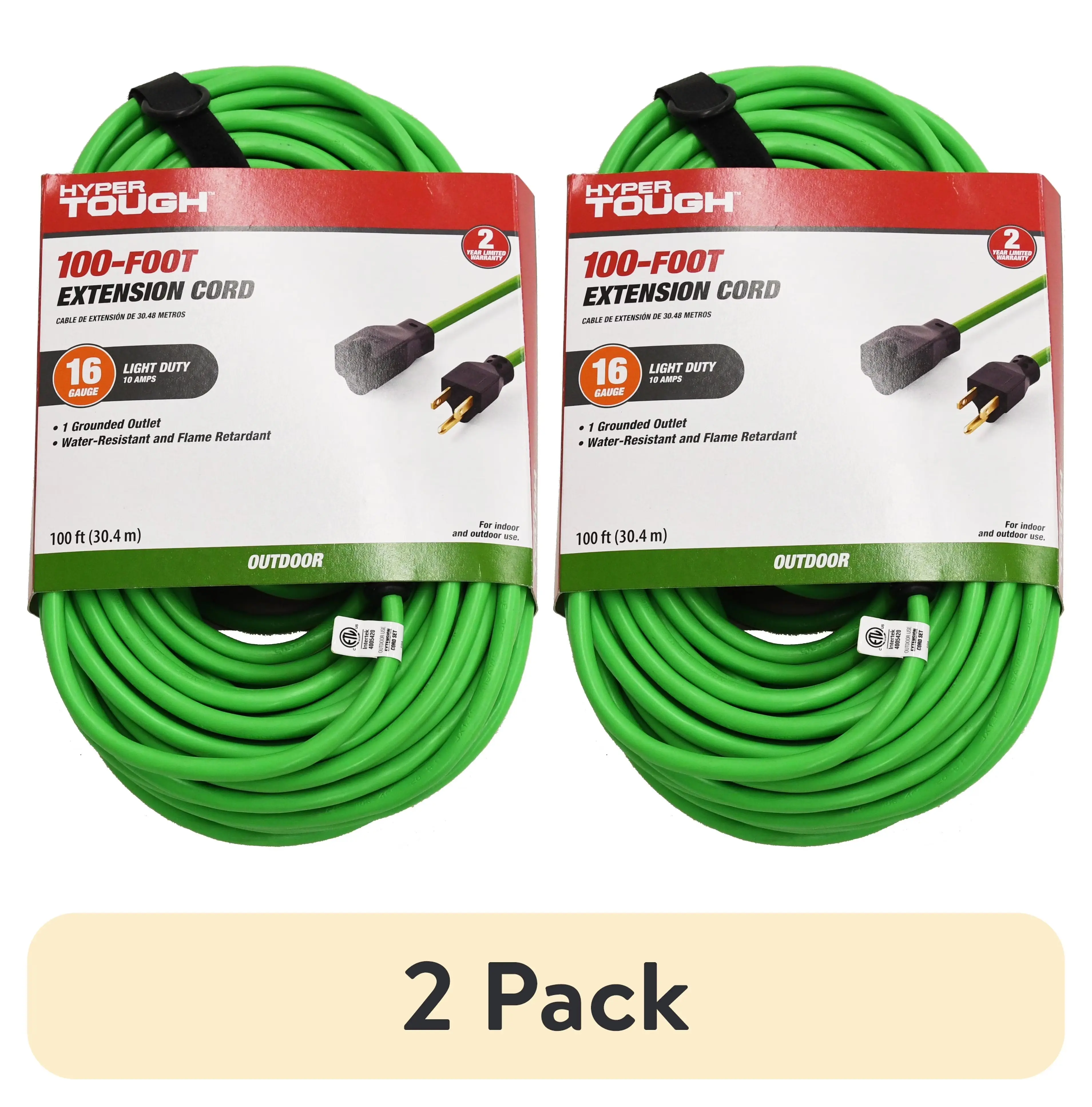 16358118002 (2 pack) 16AWGX3C 100ft Indoor and Outdoor Light Duty High Visibility Green Vinyl Extension Cord