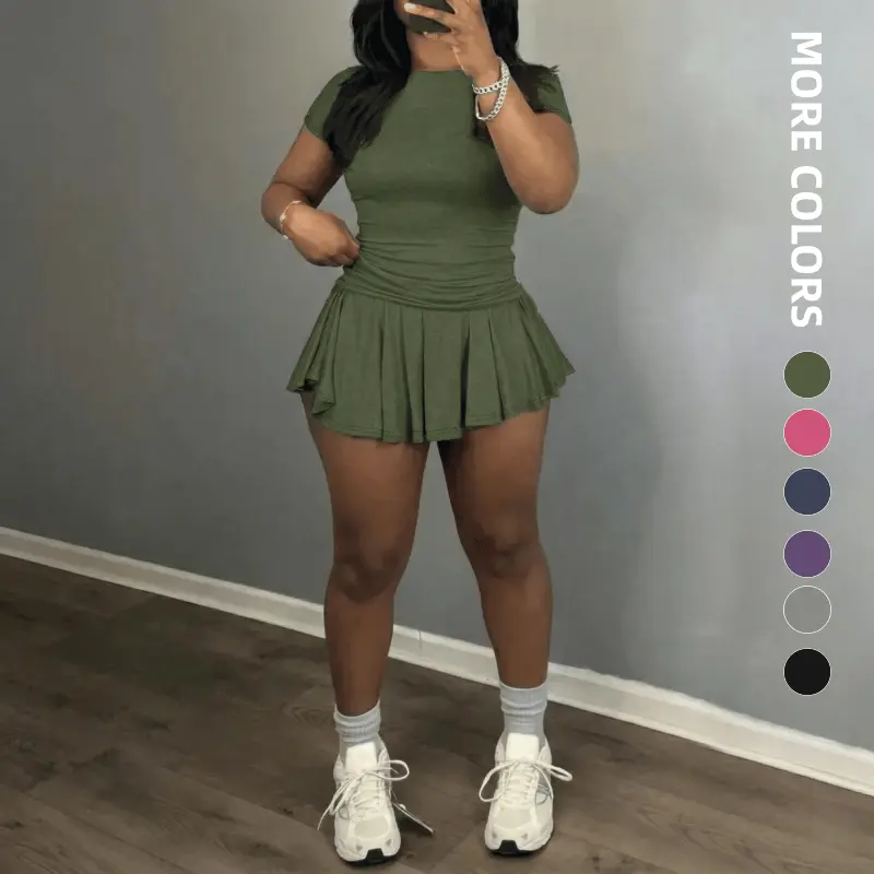 Women's 2-Piece Athletic Skort Set - Fitted Tee & Pleated Mini Skirt with Shorts