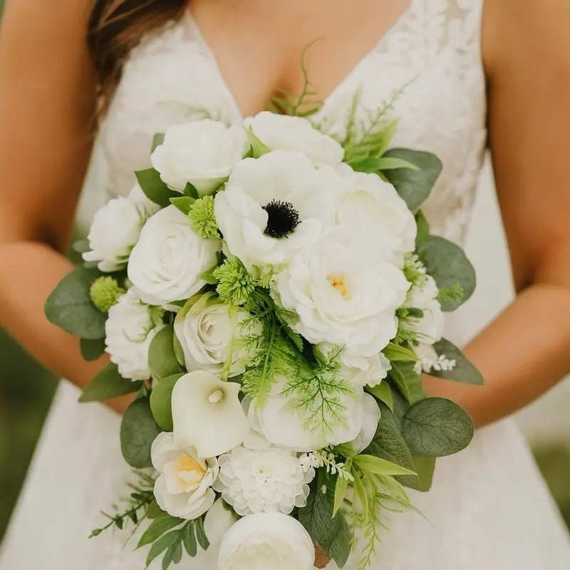 Elegant White Bridal Bouquet – Artificial Roses, Peonies & Greenery – Classic Faux Wedding Flowers
