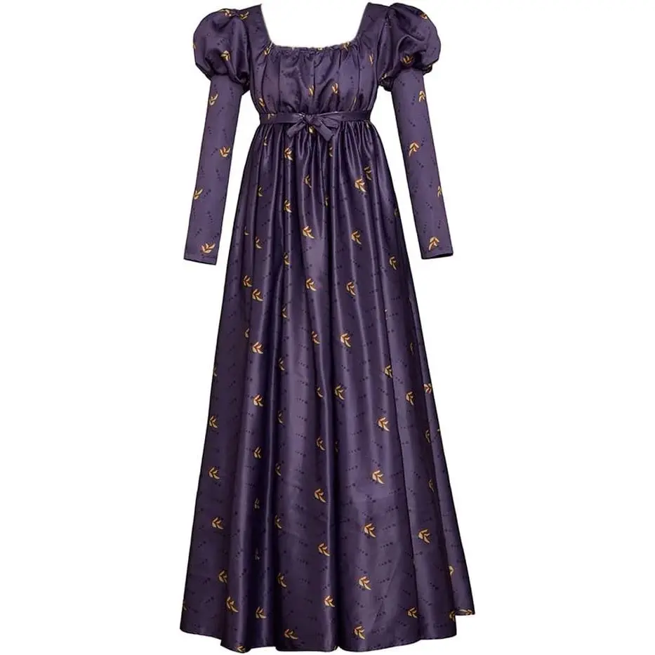 Regency Empire Jane Austen Vintage High Waistline Tea Party Ball Gown Purple Floral Puffy Sleeve Dress
