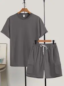 Men's Solid Color Tee & Drawstring Waist Shorts Loungewear Two-piece Set, Regular Fit Breathable Menswear and Soft Casual Comfy Round Neck Short Sleeve T-shirt & Pocket Shorts Pj Set, Men's Sleepwear for Summer