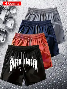 4-Pack Gothic Shorts, Dark Trendy Fashion, Vintage Gothic Font Cross Print, Quick-Dry Breathable Fabric, Unisex, All Seasons