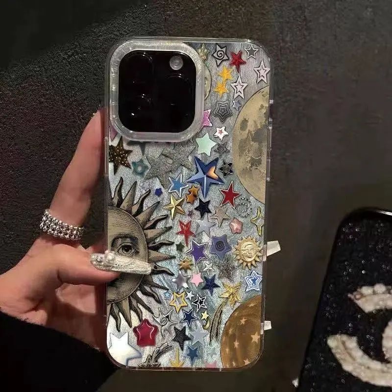 Color Star Moon High-End Silver Feather Silk Luxury iPhone Casing - Protective Multi-Model Phone Accessories with Lens Protection, Compatible with iPhone 16 Pro Max,16,15 Pro,14 PLUS,13,12 Pro,11 Pro Max,X,XS Max, Ideal Gift for Friends