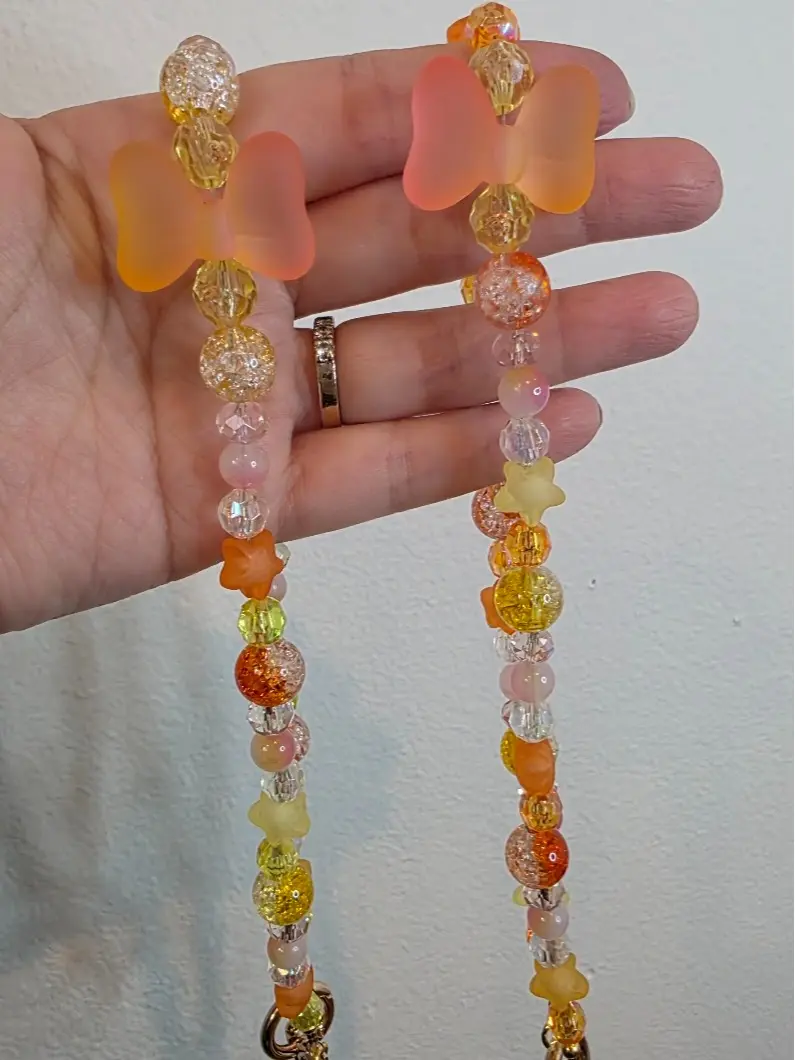 Yellow and Orange Bow Bag Charm Plastic Beaded Design Phone Charm or Keychain Accessory for Cellphone Smartphone
