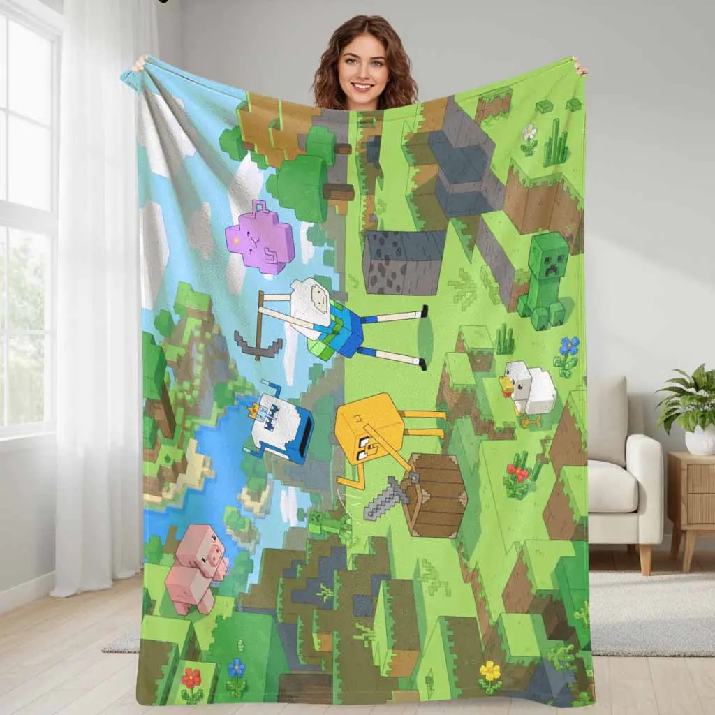 Adventure Time x Minecraft Flannel Blanket - Finn, Jake, Lumpy Space Princess, Creeper, Pig Patterns - Super Soft, Cozy, Warm, Lightweight, Durable, Wrinkle-Resistant - Ideal for Sofa, Home Decor - Fan Gift for Birthdays, Holidays - summerwins