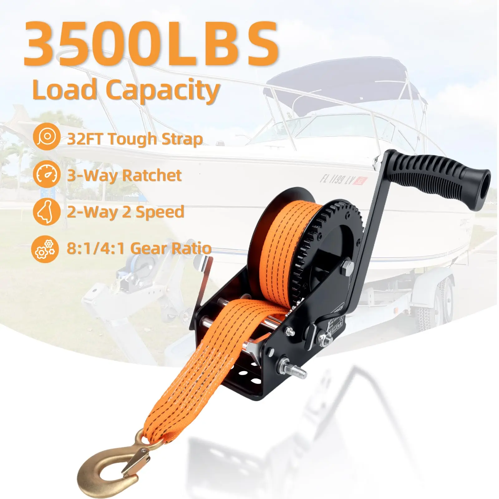 3500LBS Heavy Duty Marine Trailer Winch Accessories, 32Ft Strap (Orange), 2-Way Ratchet, 4:1/8:1 Gear Ratio, Portable Hand Crank, for Boat, RV, ATV