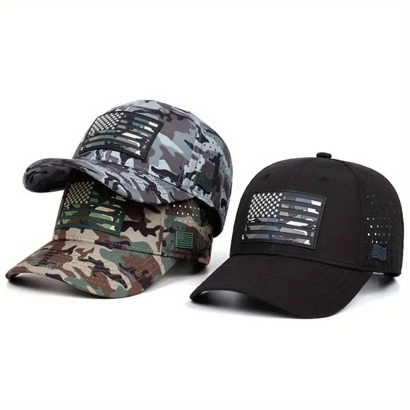 Unisex Black Camo Patriotic Trucker Hiking Hat - American Flag Accent, Ventilation Holes, Comfortable Breathable Adjustable Expandable Outdoor Ventilated Cap for Hiking, Outdoor Sports, Patriotic Trucker Cap, Street Style Cap