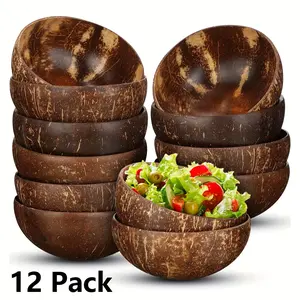 Handcrafted Oval Wood Coconut Shell Bowls with Natural Finish, Polished Rustic Tableware, Durable Kitchenware for Smoothie & Acai Bowls, Vegan Home Decor (3/12 Pieces Polished, Festive Christmas Supplies)