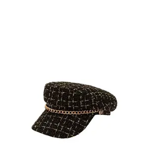 Tweed Metal Chain Beret Hat - Casual Black Tweed Design with Gold Chain Accent for Elegant Outfits