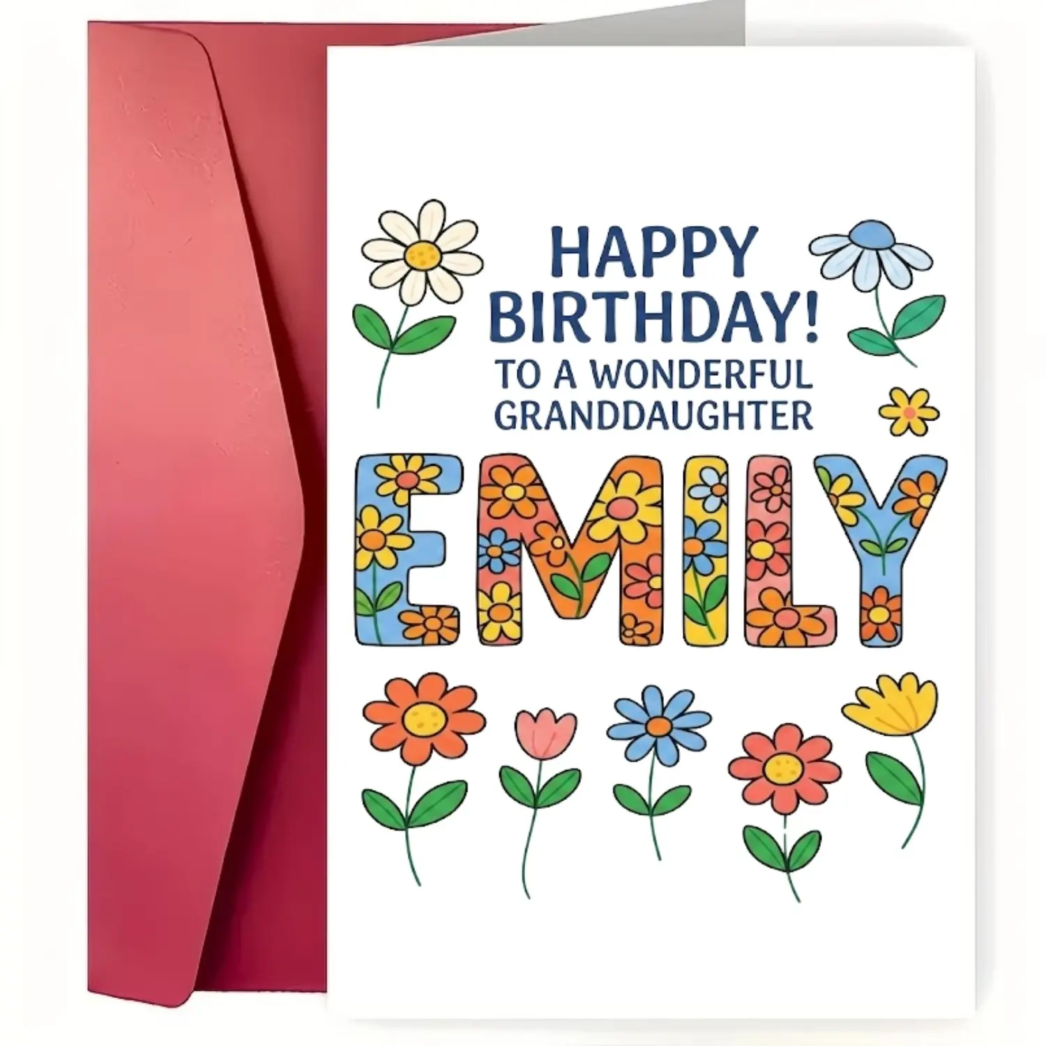 🌸 Personalized Happy Birthday Card for Granddaughter Emily 🎂 Custom Name Floral Greeting Card 5x7 Premium 350GSM Glossy Finish with Red Envelope 💌 Unique Birthday Gift for Kids Grandchild Celebration Joyful Keepsake Special Memory 🌸
