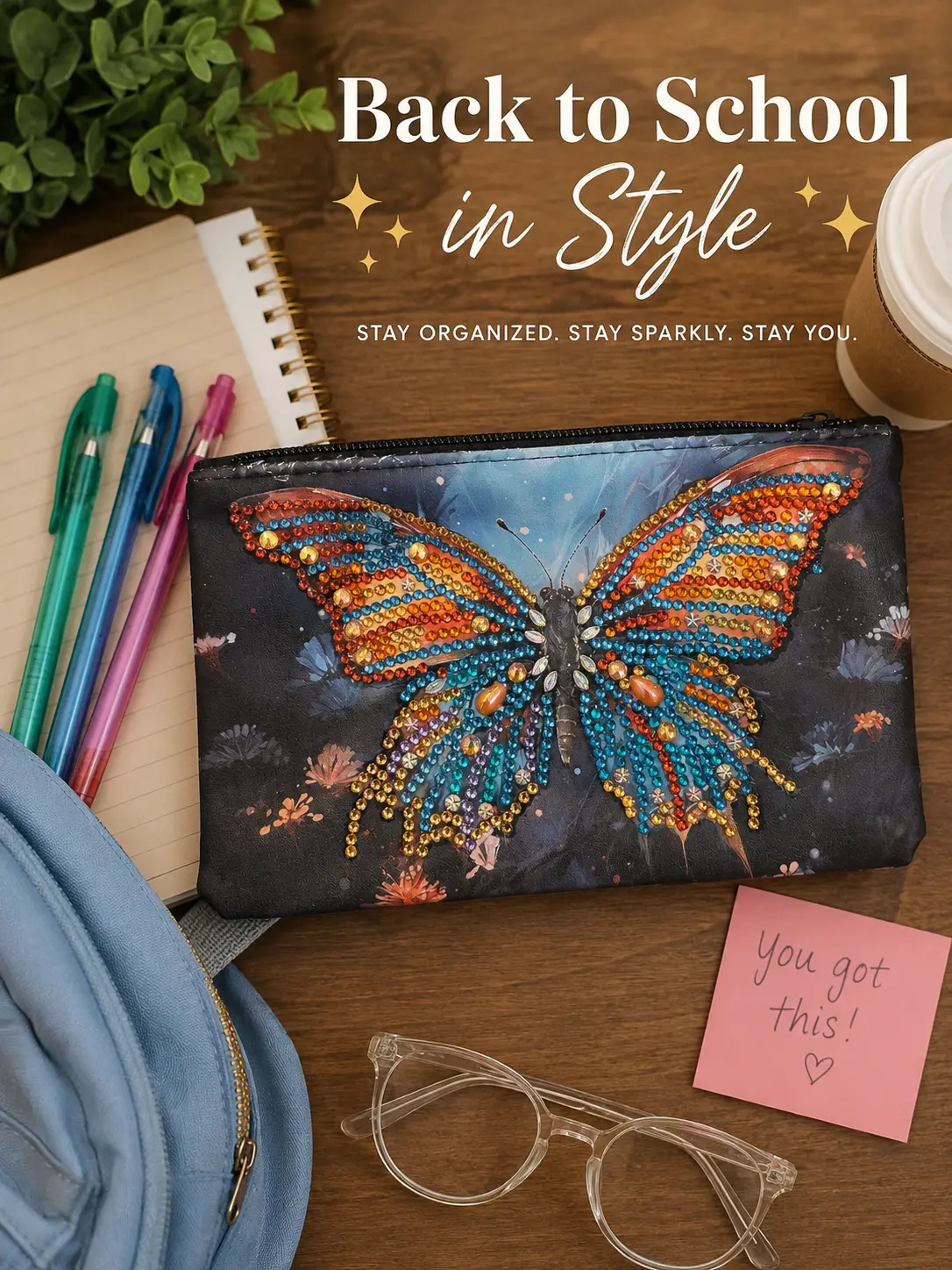 Back to School Butterfly Pencil Pouch | Rhinestone Pencil Case | Cute School Supply Organizer | Makeup & Travel Pouch