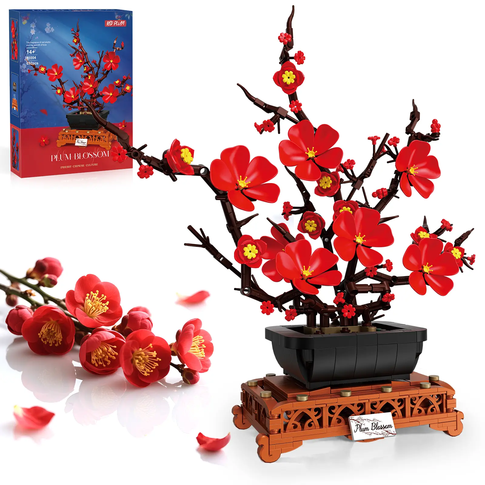 Plum Blossom Bonsai Building Set Valentine's Day gifts Flowers Botanical Collection for Adults Women Girls 14+ Living Room Home Office Decor Red，vdaygift,gifts for mother,Mother's Day Gift campingessentials