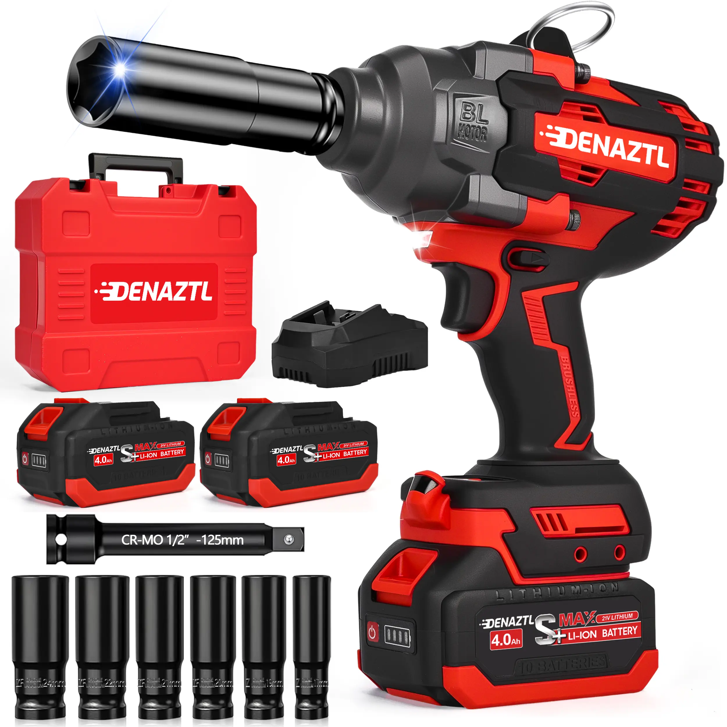 Denaztl 21V Cordless Brushless Impact Wrench, 1/2-Inch Drive, Up to 1200Nm High Torque, Electric Impact Driver with Batteries for Car Repair & Home Improvement