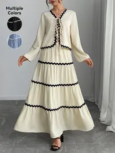 Women's Colorblock Tie Front Top & Skirt Two-piece Set, Elegant Fashion Casual Bishop Sleeve Top & Long Skirt for Daily Outdoor Wear, Women's Clothing for Spring & Fall