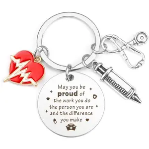 May You Be Proud Of The Work You Do Nurse Keychain, Stainless Steel Medical Charm with Stethoscope Syringe, Appreciation Gift for Doctor Nurse