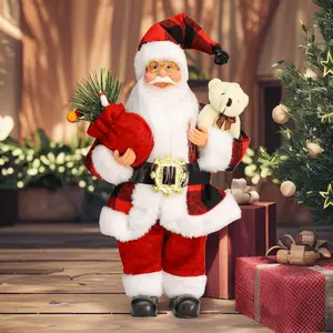 Christmas Santa Claus Doll - Red Plaid Faux Fur Trimmed Outfit with Teddy Bear & Pine Gift Sack