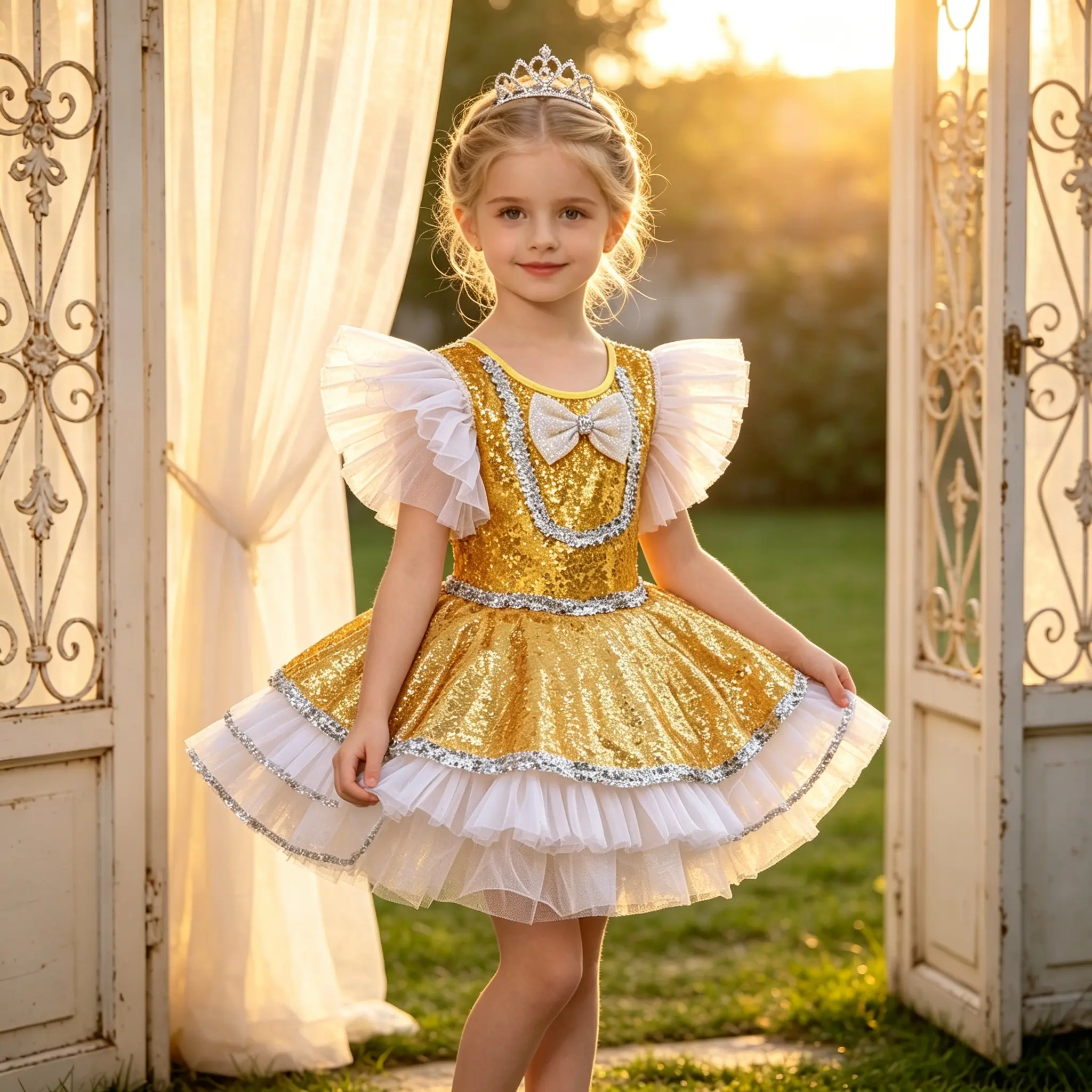 Little Girls Gold Sequin Ballet Tutu Dress  girls  , Sparkly Silver Trim Fly Sleeve Dance Costume for Recital Birthday Princess Dress Up  (  childrens fashion)