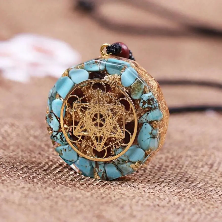 Natural Blue Turquoise Orgonite Energy Charm Pendant Necklace - Adjustable Healing Crystal Geometry Amulet, Protection Chakra Stone, Unisex Statement Jewelry for Spirituality, Cultivates Happiness, Enhances Positive Thinking, Protects Negative Emotions, M