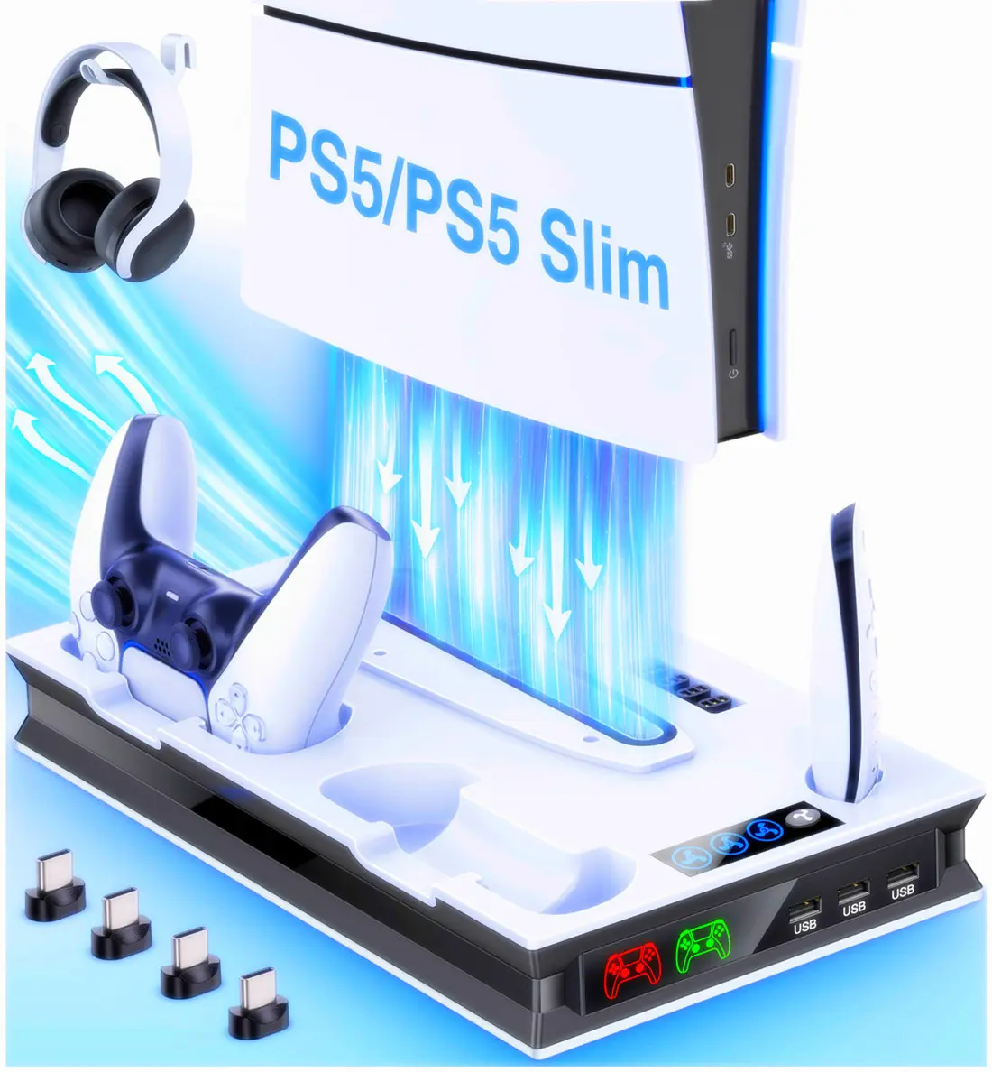 PS5 Slim Integrated Stand & Cooling Station Accessories - Dual Controller Fast Charger, Headset Holder, 3 USB Ports, LED Light, Compatible with PS5 Slim Digital/Disc Editions, Gift for Gaming Enthusiasts, Boyfriend, Husband, Manufacturer Warranty