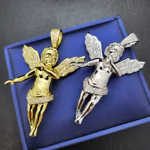 MaxBling81 Unisex AAA+ High-End Simulated Diamond Gold-Plated Brass Angel Charm Pendant, 50x40mm, Casual Rhinestone-Decorated Hip Hop Religious Fashion Accessory, Rhinestone Decorated Jewelry, Gold Plated Pendant