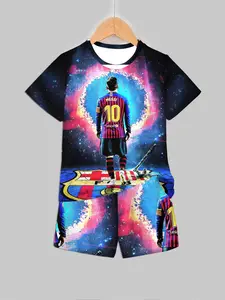 Messi No. 10 Starry Sky Boys' Set, Summer Barcelona Style Football T-Shirt Soccer Tee & Shorts Two-Piece, Sports Uniform, Kids Casual Sports