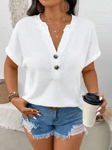 Women's Casual Loose-Fitting Short Sleeve Vneck Blouse Top Shirts, Half Button Design, Comfortable Daily Wear, Perfect for Everyday