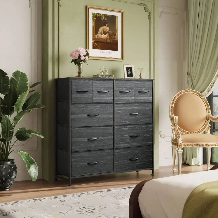 Rustic Brown Wood Grain Print Sturdy Wall-Mounted Floating Dresser - 10-Drawer Wide Classic Fabric Storage Unit, Adjustable Design, Assembly Required, Above 25 kg, Novelty Indoor Cupboard for Bedroom, Closet, Durable